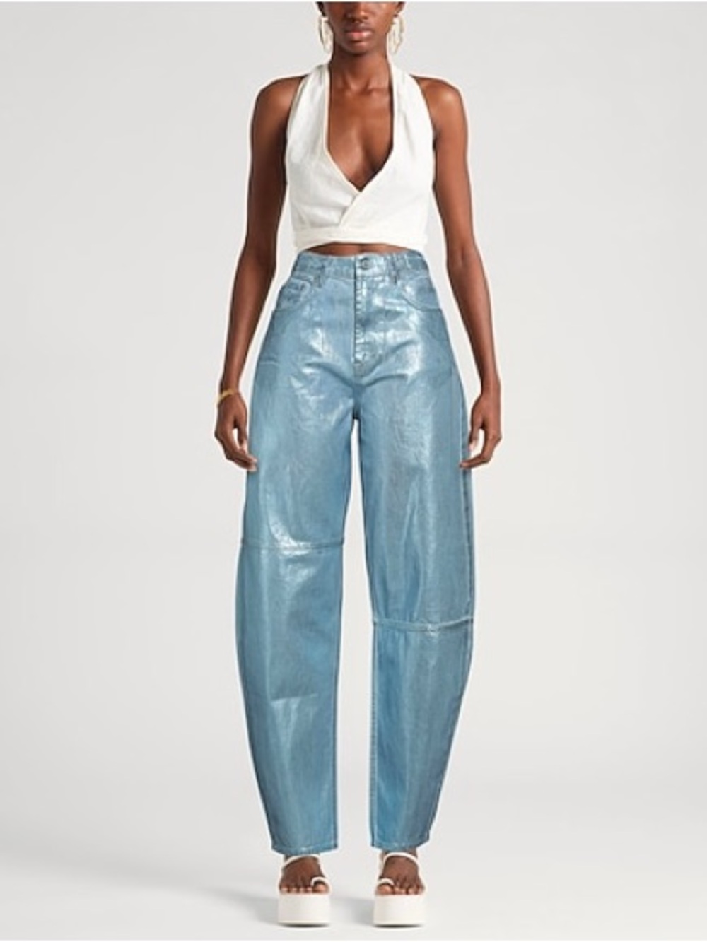 Metallic Light Blue Boyfriend Jeans for Women